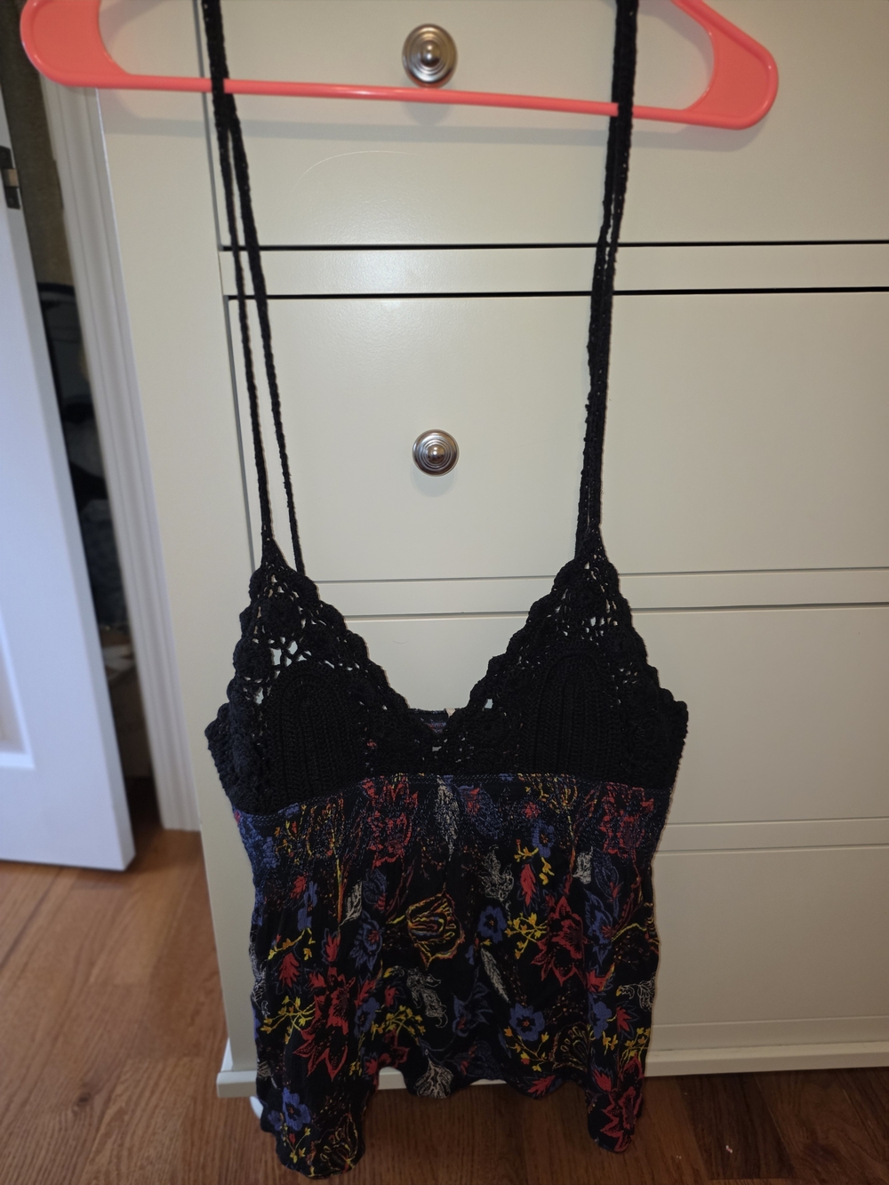 Free People Black Crocheted Floral-Print Cami